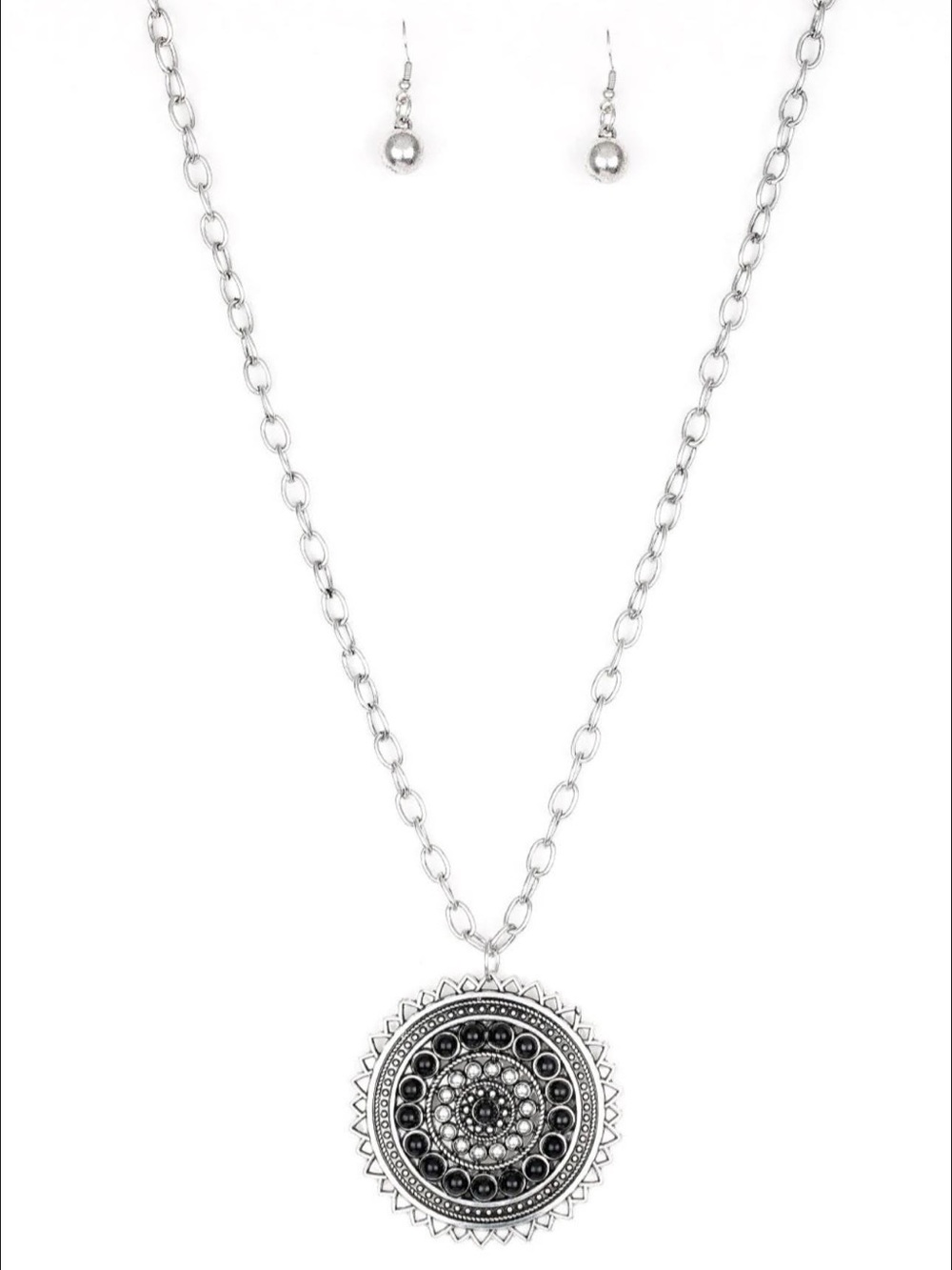 paparazzi Silver and Black Sunburst Medallion Necklace with Earrings